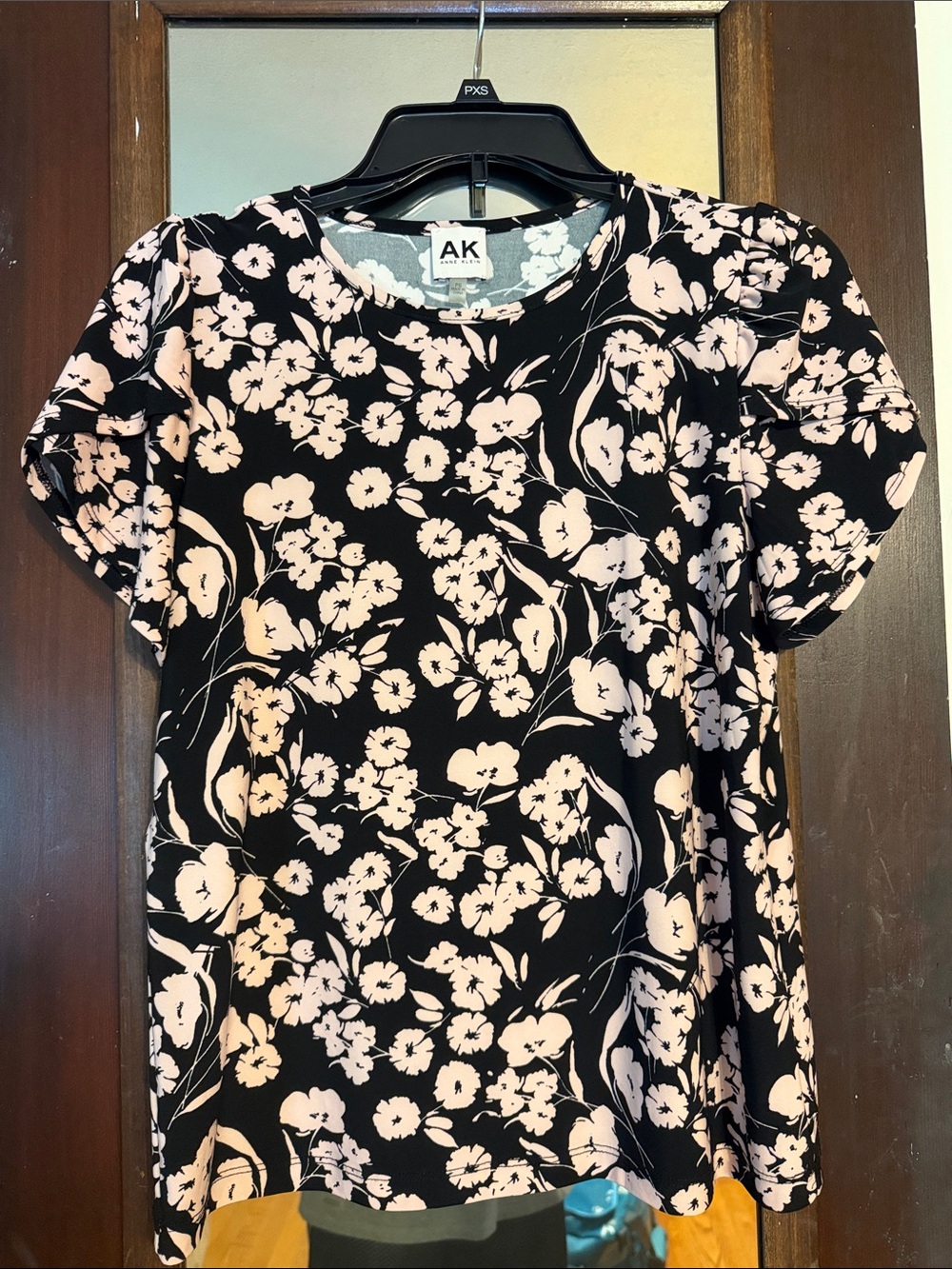 Anne Klein Black Short Sleeve Tee with Blush Floral Print